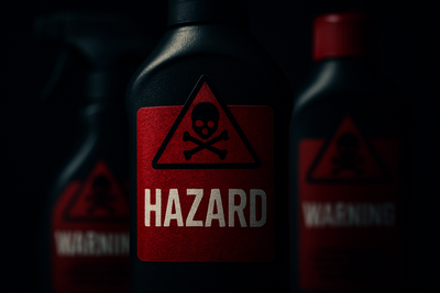 "A dark, macro photograph focusing on the red 'HAZARD' or 'WARNING' labels on generic household cleaning product bottles, blurred in the background. The foreground should evoke a sense of danger and toxicity."