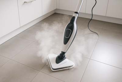 "A high-angle photo of a sleek, modern steam mop (your product) in use on a kitchen floor. The steam is clearly visible, emphasizing powerful, hot, 'wet cleaning' action. The atmosphere is bright, minimalist, and sterile."