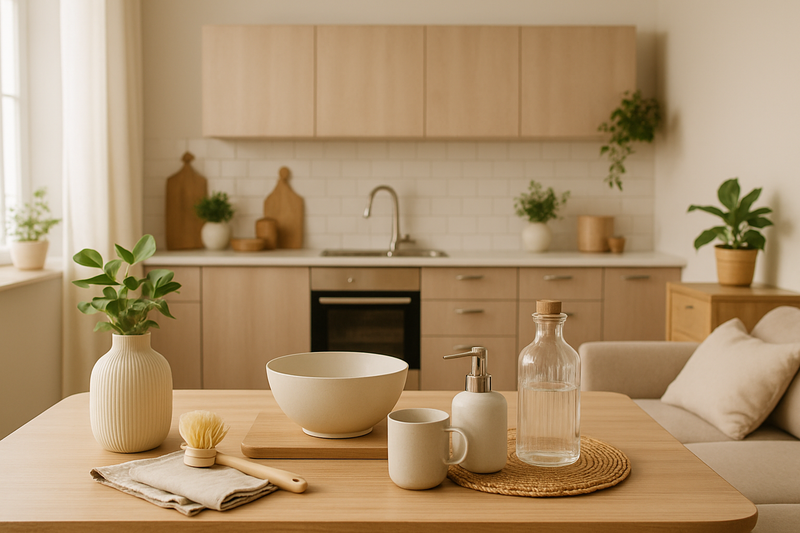 A warm, inviting modern kitchen and living space, bright natural lighting, cozy atmosphere. A clean table with stylish kitchenware and home essentials neatly placed. Soft neutral tones with accents of wood and greenery. The scene should feel trustworthy, family-oriented, and professional, reflecting a brand that cares about quality home and kitchen products. Minimalist, lifestyle photography style, high resolution.