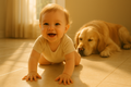 "A warm-toned, close-up photo of a happy baby crawling on a sparkling clean, non-toxic tile floor, with a golden retriever dog resting peacefully nearby. The focus is on a safe, chemical-free home environment. Sunlight streaming in."