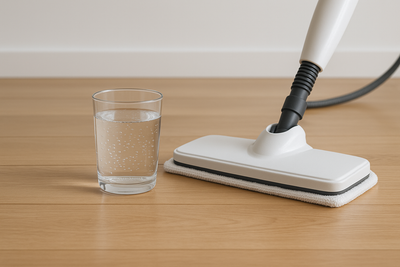 "Minimalist lifestyle photo: A clear glass of pure, sparkling water placed directly on a freshly steam-cleaned hardwood floor next to the steam cleaner's head. The visual concept is 'only water is used and no residue is left'. Bright, contemporary aesthetic."