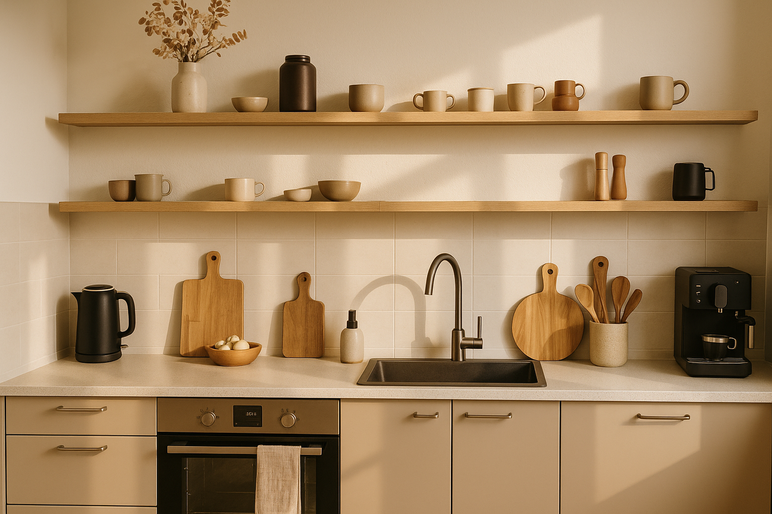 Modern cozy kitchen interior with stylish home accessories and kitchen gadgets, warm natural light, clean minimalist design, premium quality products displayed aesthetically on shelves and countertops, inviting atmosphere, high-resolution lifestyle photo, perfect for e-commerce homepage banner.